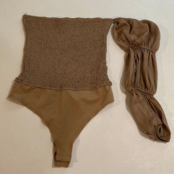 Promesa One Shoulder Puff Sleeve Bodysuit Womenโs Size S Tan Neutral - Picture 1 of 8